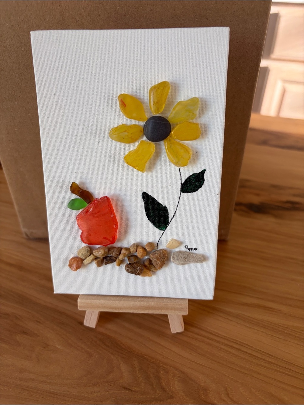 Handmade Yellow Flower & Red Apple Seaglass Canvas Art